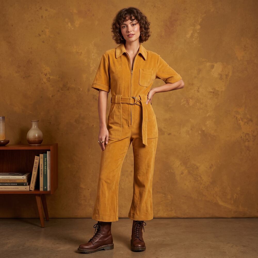 State Maine Vintage goldenrod jumpsuit large Velveteen One Piece Wide lapel